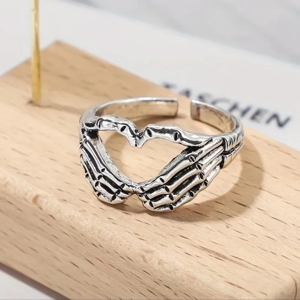 Skeleton Hands in a Heart Silver Tone Adjustable